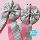* Show Bows: Gray Houndstooth on Bubblegum Swiss Dot