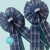 Show Bows: Navy Plaid on Emerald Swiss Dot