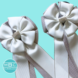 Show Bows: White on Dove Swiss Dot