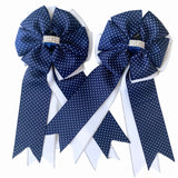 Show Bows: Navy Swiss Dot on White