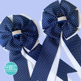 Show Bows: Navy Swiss Dot on White