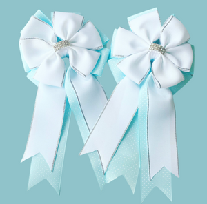 Show Bows: White on Sky Swiss Dot