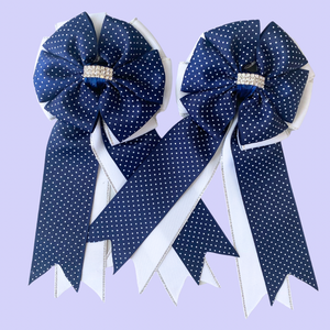 Show Bows: Navy Swiss Dot on White