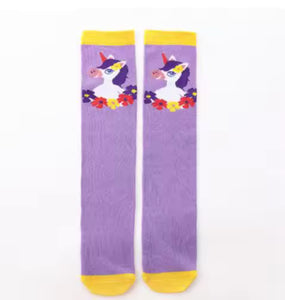 ❣️ Kids’ Socks: Unicorns Flowers Purple