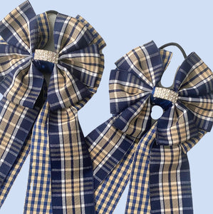 🩵 Show Bows: Navy/Tan Plaid Taffeta