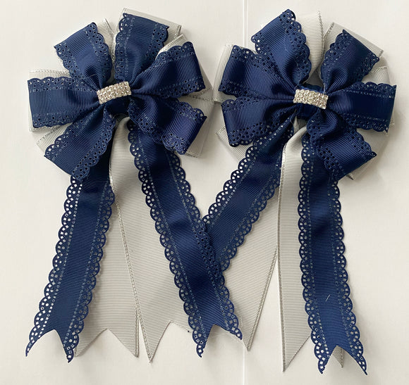 💚 Show Bows: Navy Lace/Dove Gray