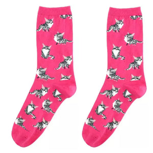 🎁 $5 SOCK SALE - Crew Socks: Tabby Cat ~ Hot Pink